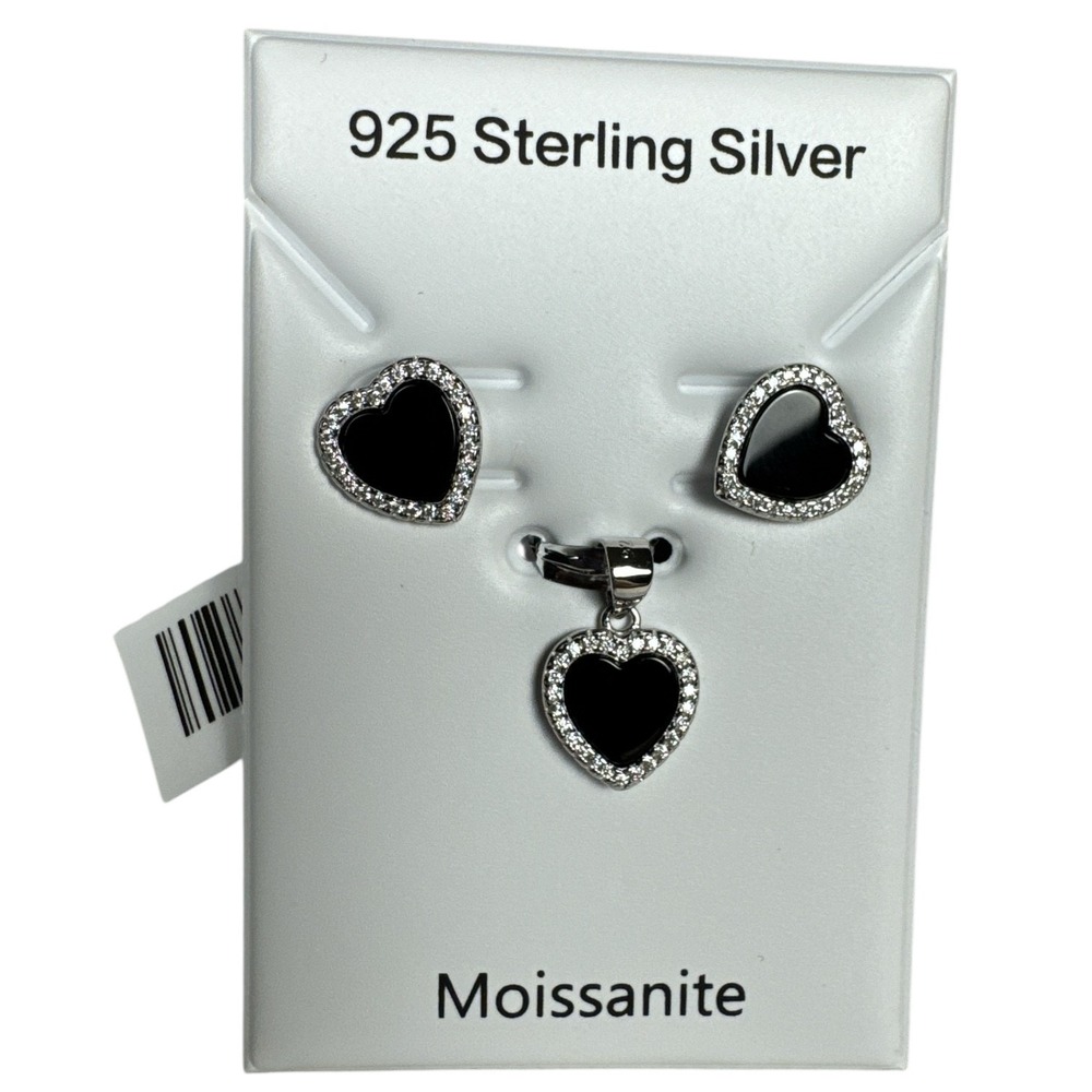 Love Collection Sterling Silver Black Enamel CZ Heart Stud Earrings‎ Pendant NWT